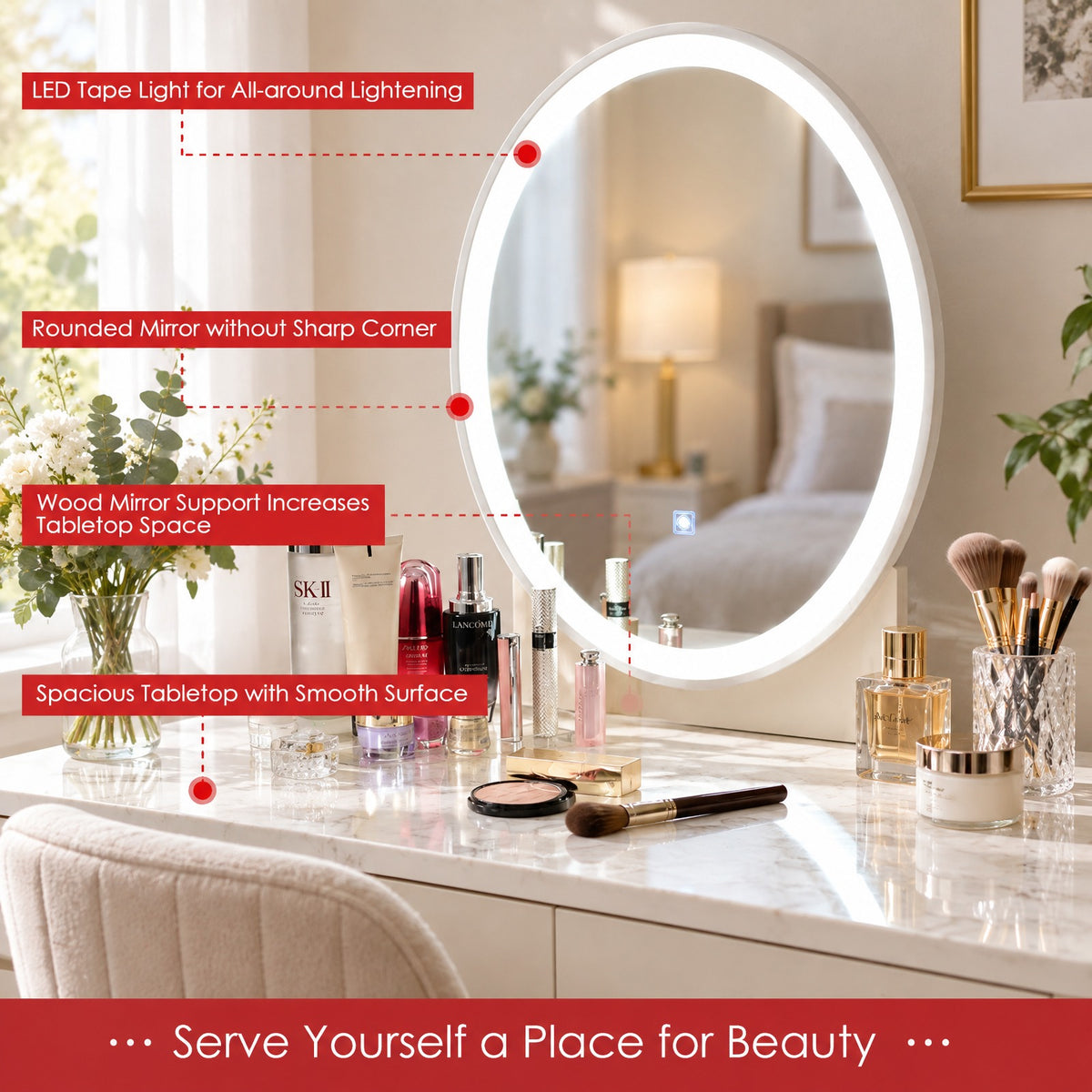 Airfind Touch Screen Vanity Makeup Table Stool Set with Lighted Mirror, MDF paint rubber wood cedar wood Frame, 31.5 x 16 x 54.5 Footprint, White