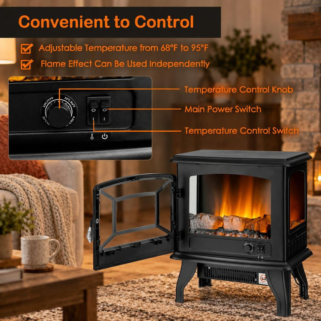 Airfind Freestanding Fireplace Heater featuring Realistic Dancing Flame Effect, 50 lbs Power Rating: 1400W Capacity, Steel Tempered Glass Frame, Black