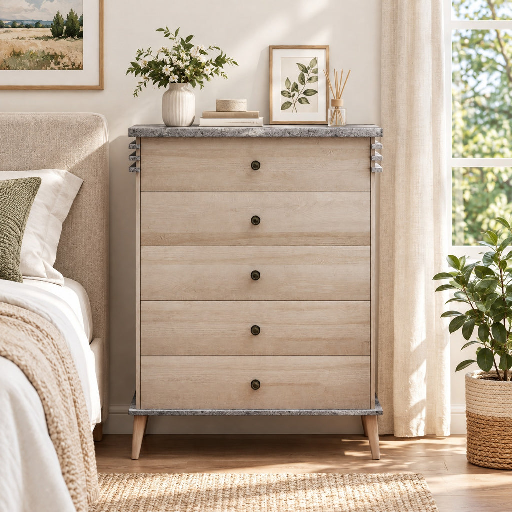 Airfind Farmhouse Chest Dresser of Drawers Tall Storage Organizer, 176 lbs Capacity, Engineered Wood MDF Rubber Wood Metal Frame, Grey