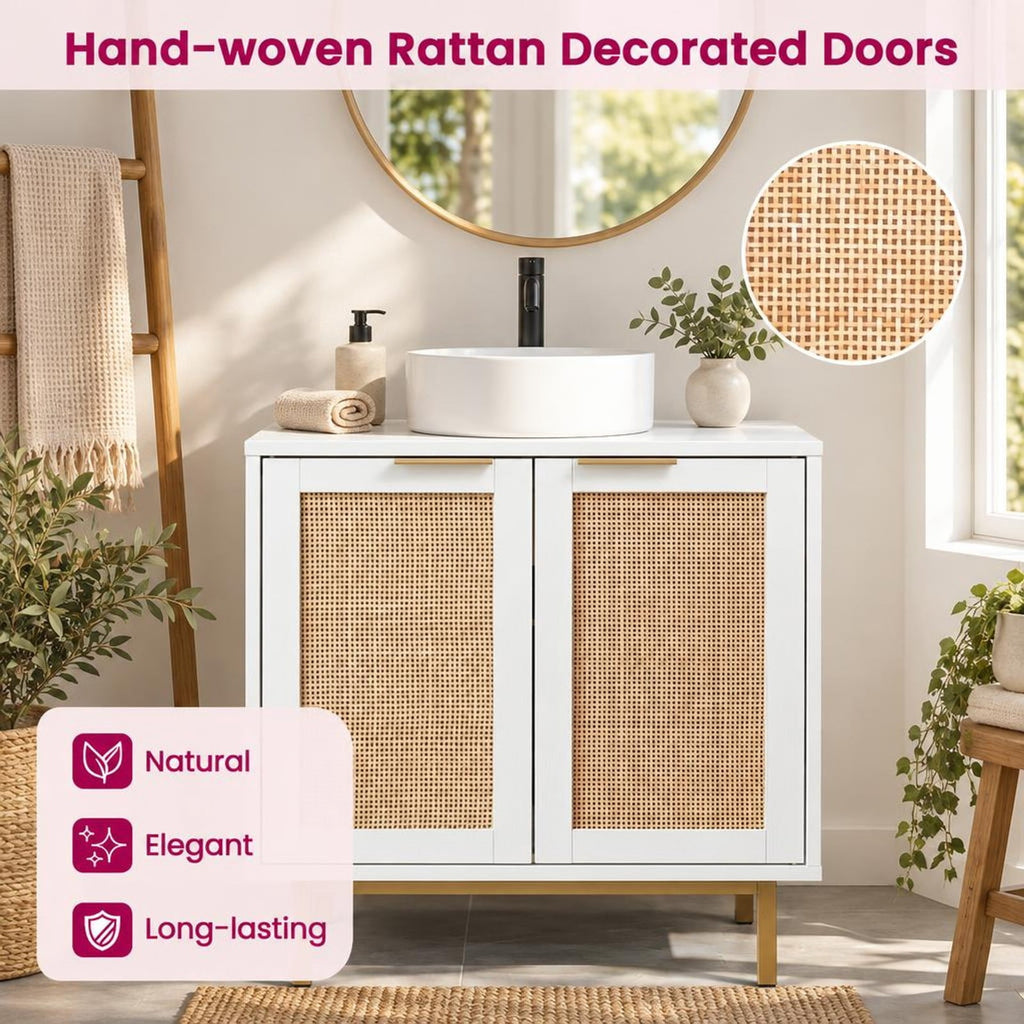 Airfind Bathroom Vanity Cabinet with U-Shaped Cut-Out 2 Rattan Doors and Shelf, 66 Lbs Capacity, Engineered Wood Metal Rattan, White