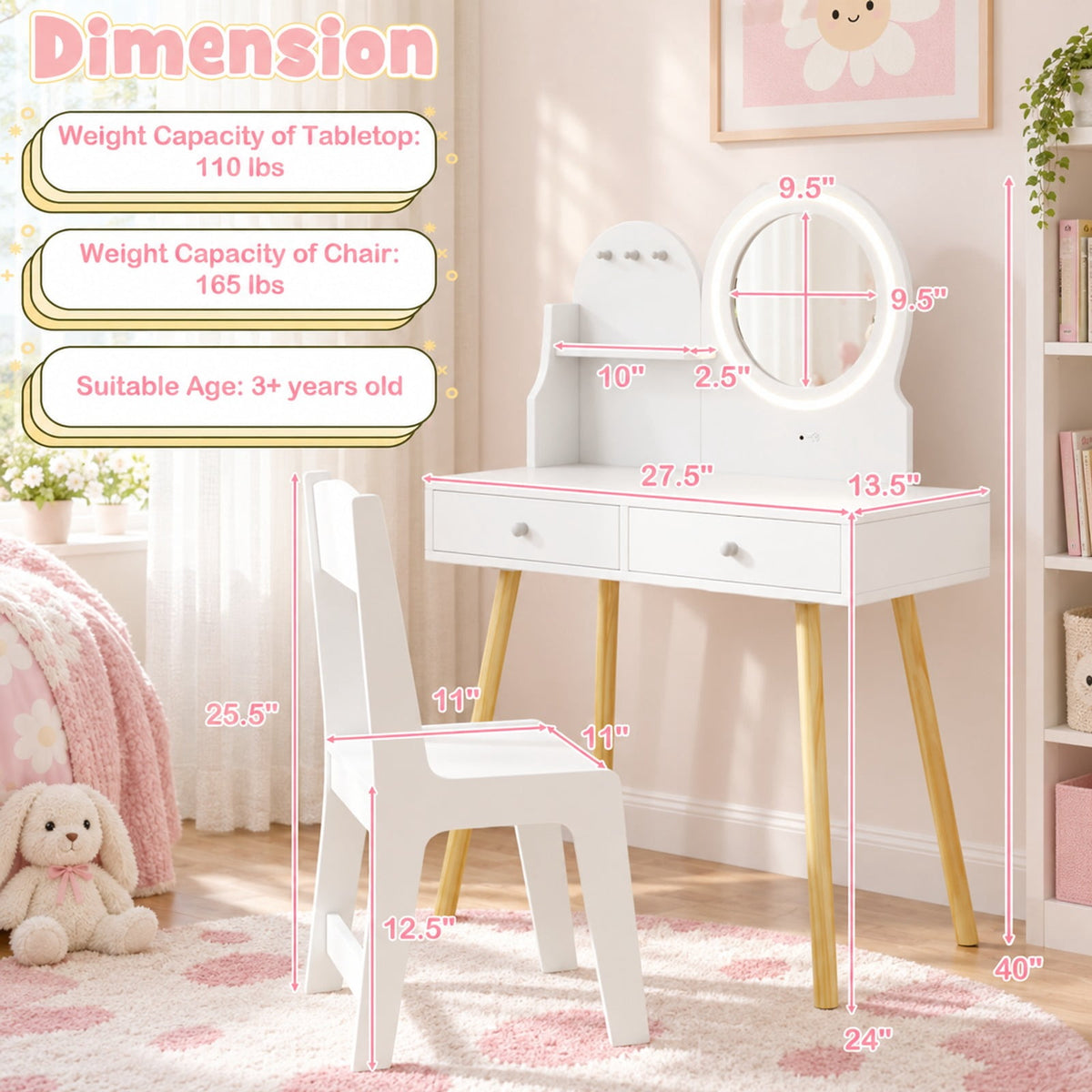 Airfind Kids Princess Makeup Dressing Desk and Chair Set with Mirror and Lights, 110 lbs Capacity, MDF Frame, for 3+ years old, White