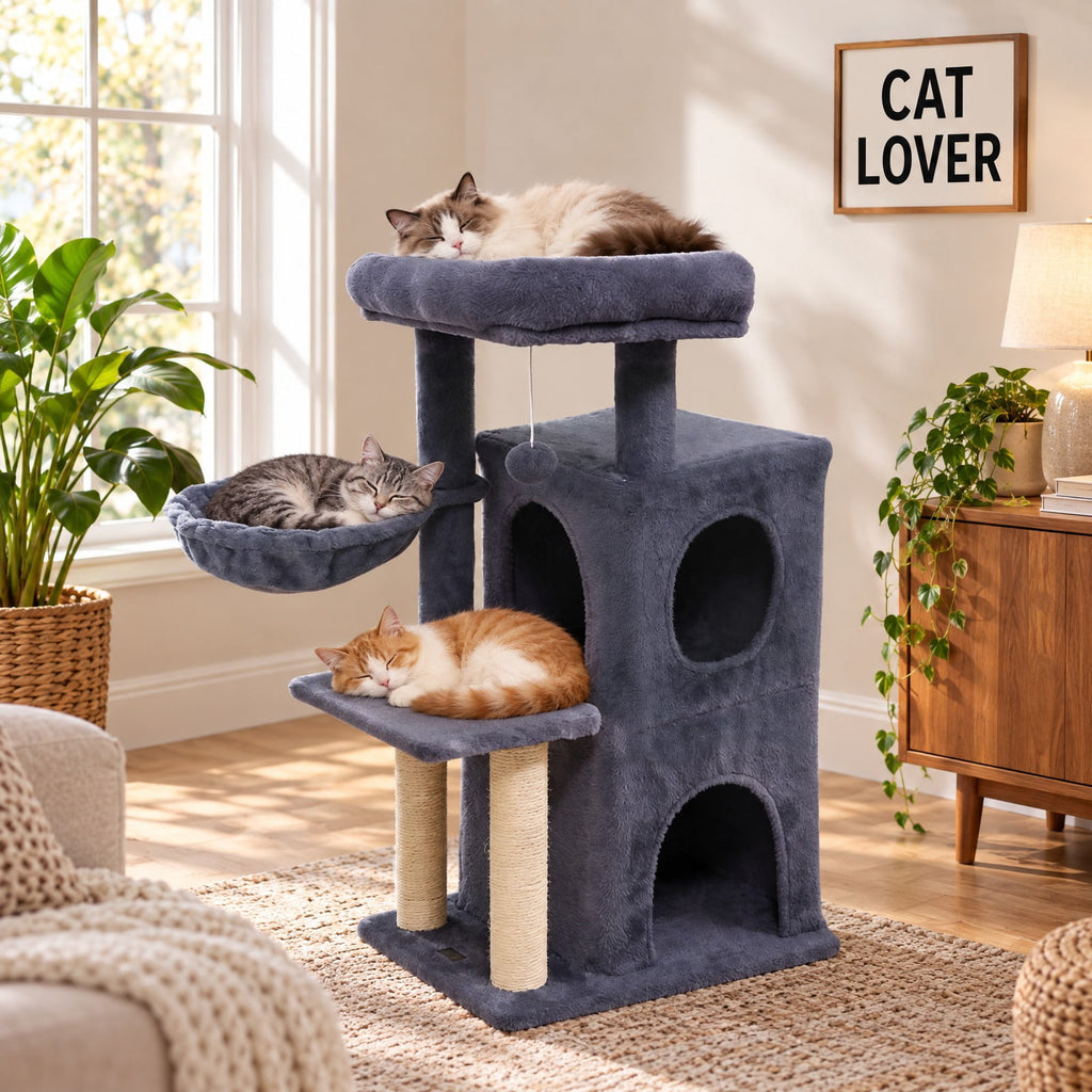 Airfind 33.5 Inch Cute Kitten Tower with 2-Tier Condo and Padded Top Perch, 22 lbs Capacity, Engineered Board Sisal Plush Fabric PP Polyester Frame