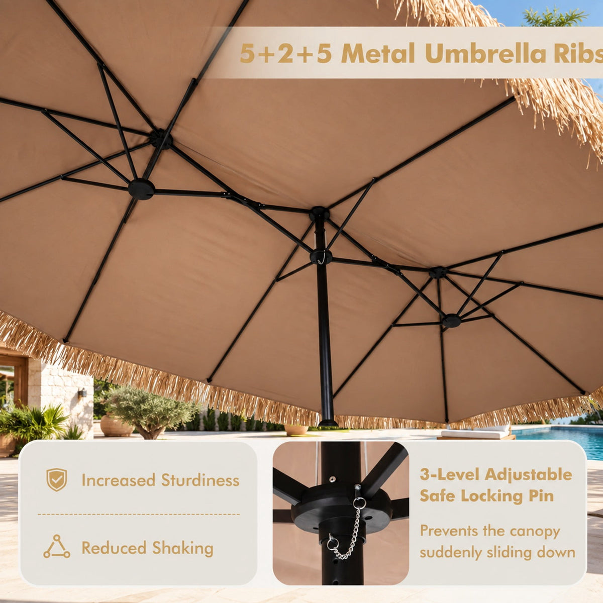 Airfind 15 x 9 FT Solar Double-Sided Patio Umbrella Base Included for Garden Bar, Polyester Fabric Metal PE Thatch ABS Frame, Brown
