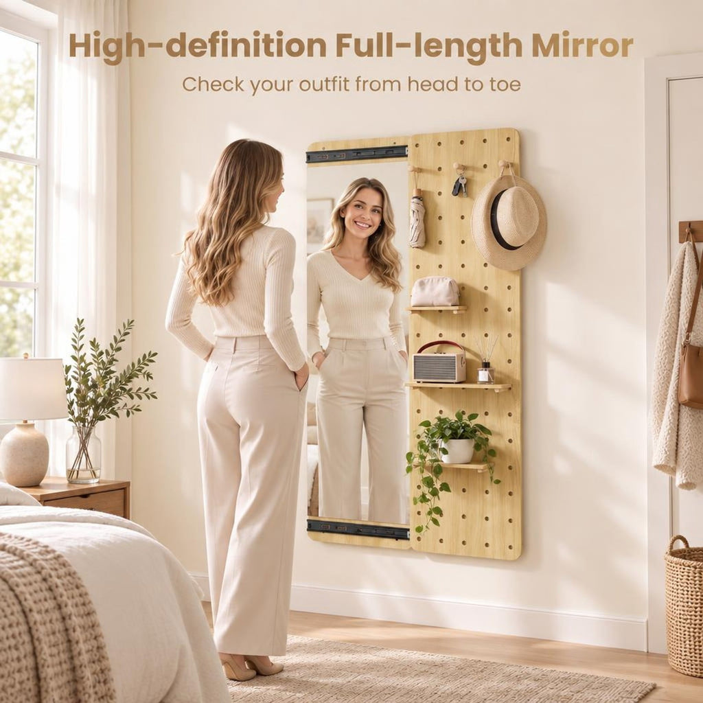 Airfind Solid Wood Full Length Mirror with Pegboard Shelves and Hooks for Entryway, Solid Wood Glass Frame, 16 x 5.5 x 55 Footprint, Natural
