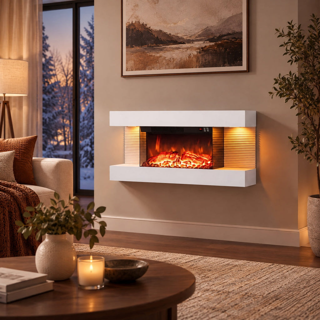 Airfind 3-Sided White Wall Mount Electric WiFi Fireplace with Floating Mantel and 12 Flame Ambient Colors-32 inch, Metal Tempered Glass Frame, White