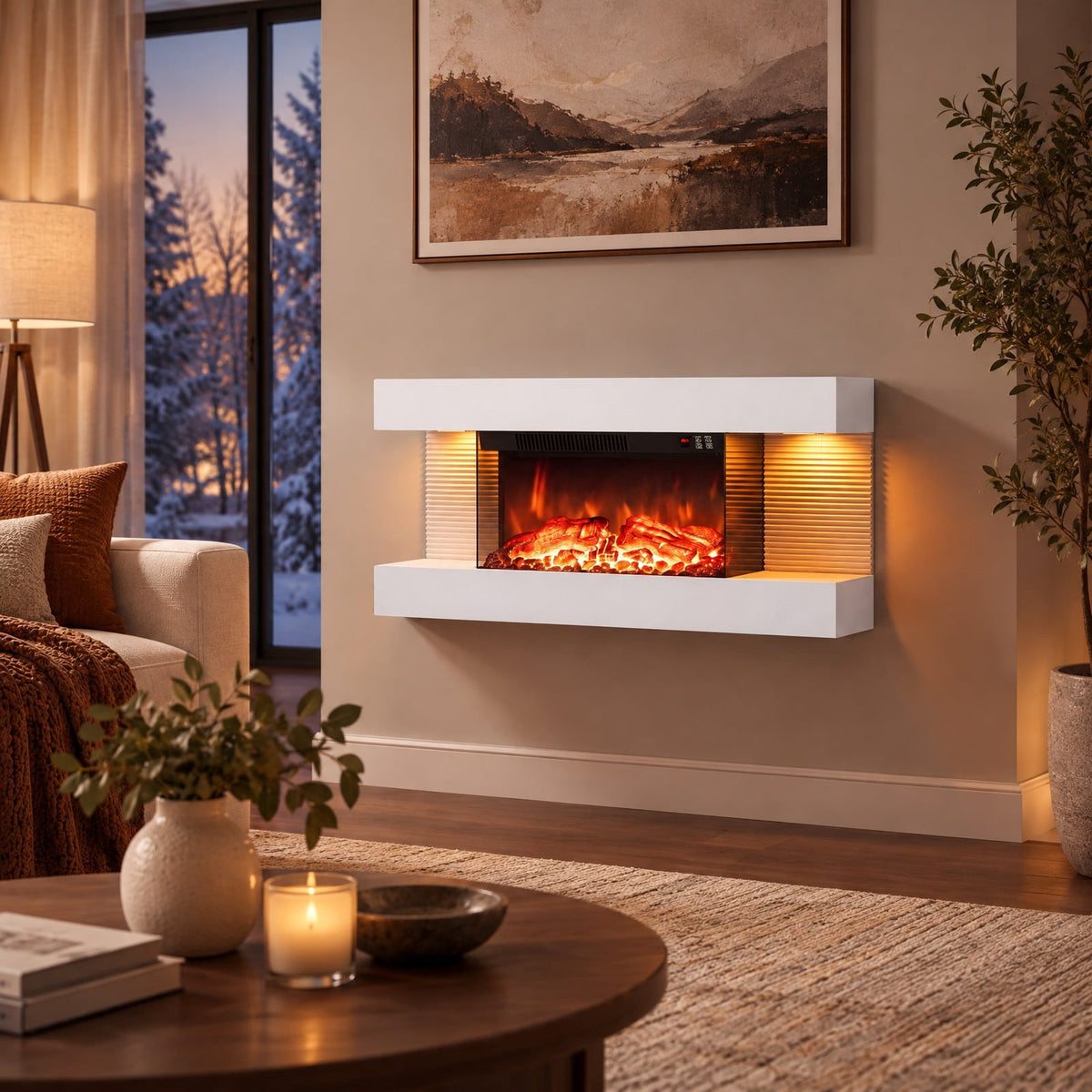Airfind 3-Sided White Wall Mount Electric WiFi Fireplace with Floating Mantel and 12 Flame Ambient Colors-32 inch, Metal Tempered Glass Frame, White
