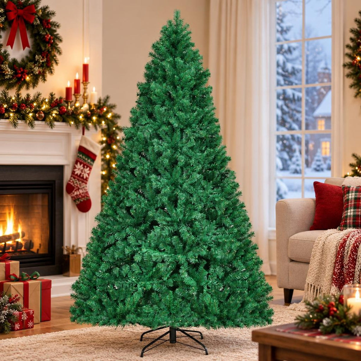 Airfind 8 Feet PVC Artificial Christmas Tree with LED Lights-8 ft, PVC iron Frame, 4.3 x 7.5 H Footprint, Green