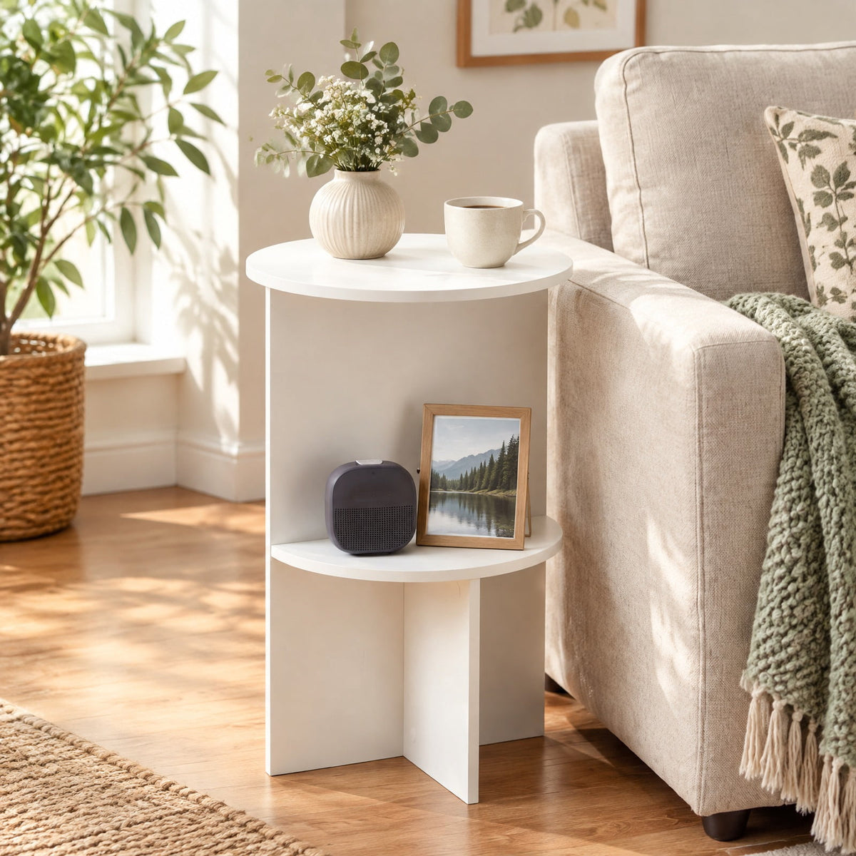 Airfind 2-Tier Round Side Table with Storage Shelf for Small Space, 66 Lbs Capacity, Engineered Wood, 14 Inch X 23 Inch for Convenient Everyday Use, White