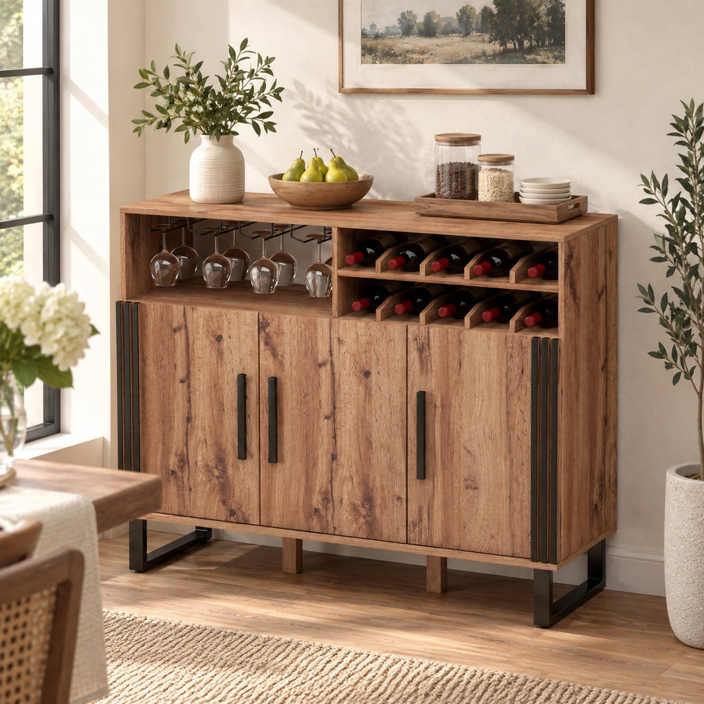 Airfind Home Wine Bar Cabinet with 3 Doors and Adjustable Shelves, 110 lbs Capacity, Engineered Wood MDF Frame, 47in x 16in x 37.5in Footprint, Brown