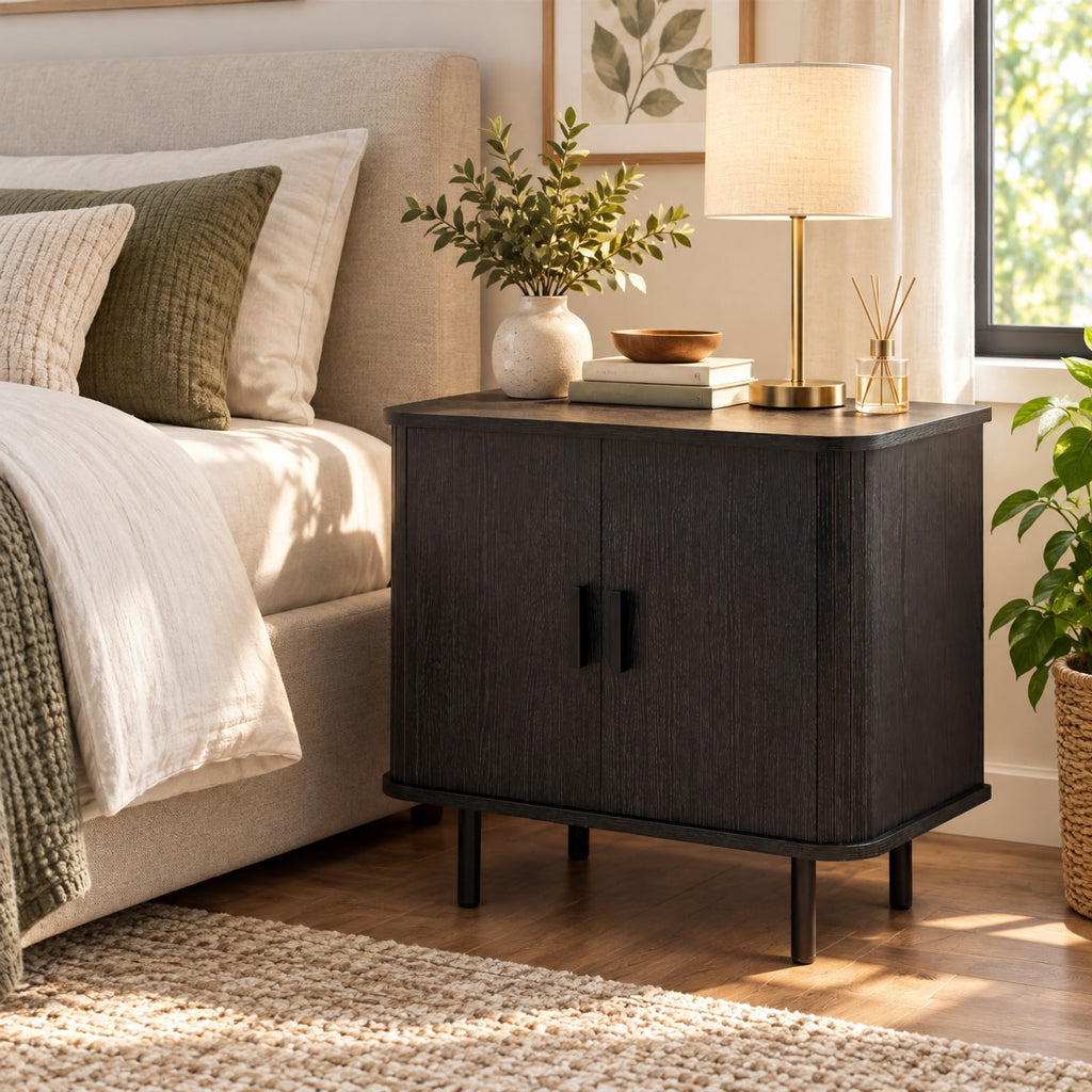 Airfind End Table Modern Mid Century Nightstand with Sliding Tambour Doors and Storage Shelf, 88 lbs Capacity, Engineered Wood MDF Metal Frame