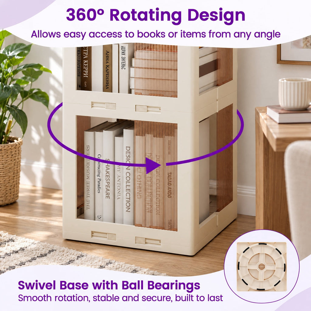 Airfind Bookshelf, 4-Tier Foldable Rotating, with Swivel Base and Translucent Panels, 22 lbs Capacity, PP ABS Frame, 14.5 Inch x 14 Inch x 56 Inch, White