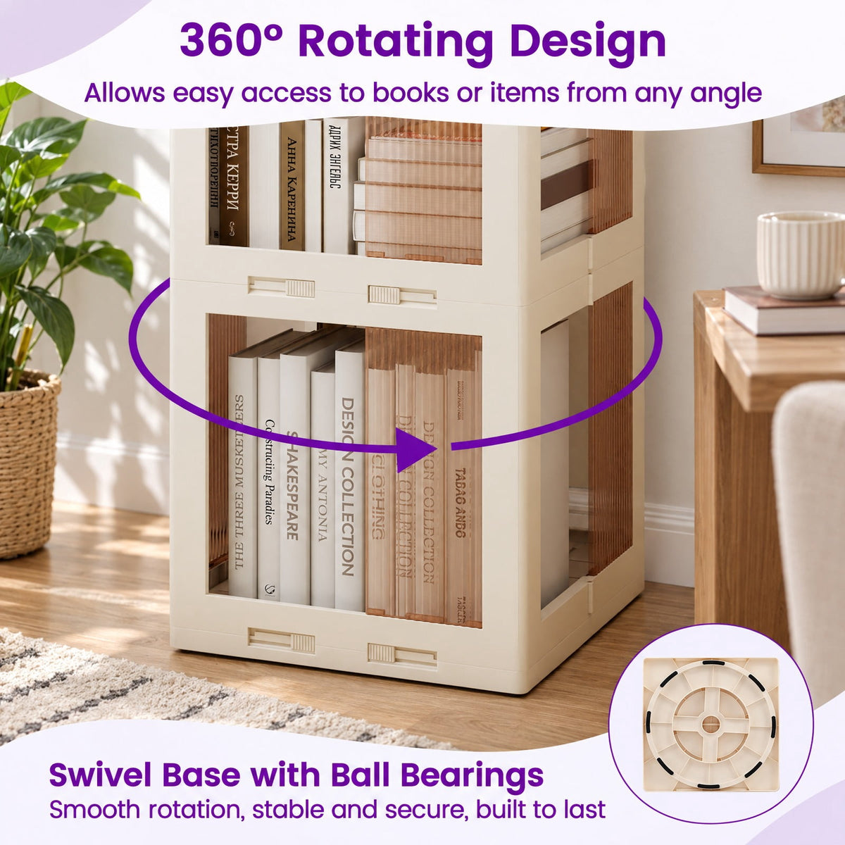 Airfind Bookshelf, 4-Tier Foldable Rotating, with Swivel Base and Translucent Panels, 22 lbs Capacity, PP ABS Frame, 14.5 Inch x 14 Inch x 56 Inch, White