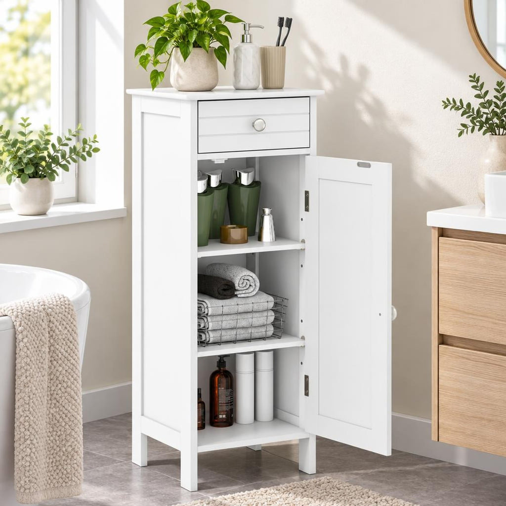 Airfind Wooden Storage Free-Standing Floor Cabinet with Drawer and Shelf, 132 lbs Capacity, MDF Frame, 14in x 12in x 34.5in Footprint, White