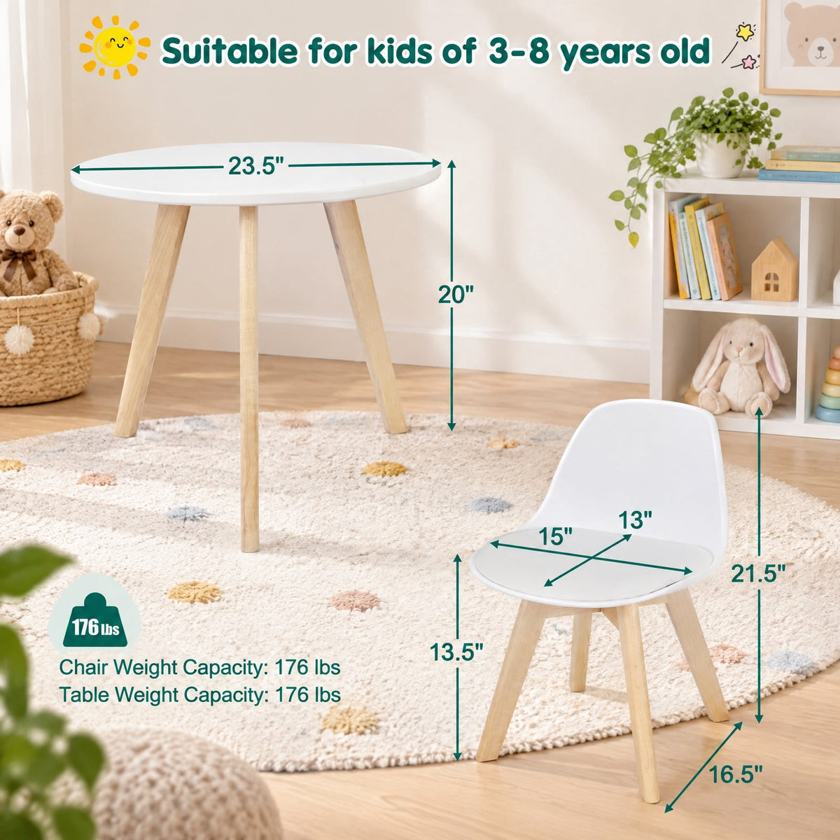 Airfind Modern Kids Activity Play Table and 2 Chairs Set with Beech Leg Cushion, 176 lbs Capacity, MDF beech wood PP Frame, 23.5 x 20 Footprint