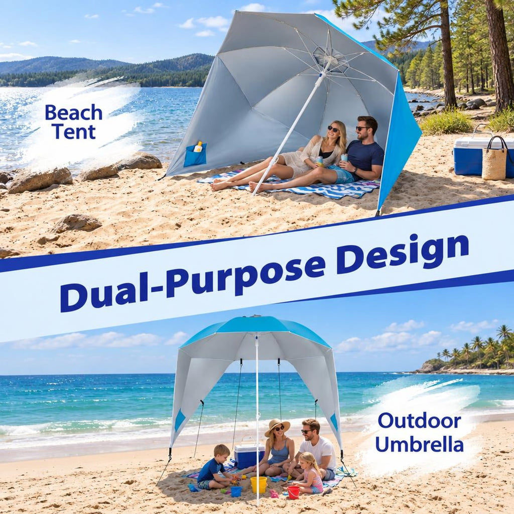 Airfind 2-in-1 Beach Shelter Umbrella UPF 50+ with Side Panels for Camping Picnic, Oxford Cloth Fiberglass Pole Metal PP Frame, Turquoise