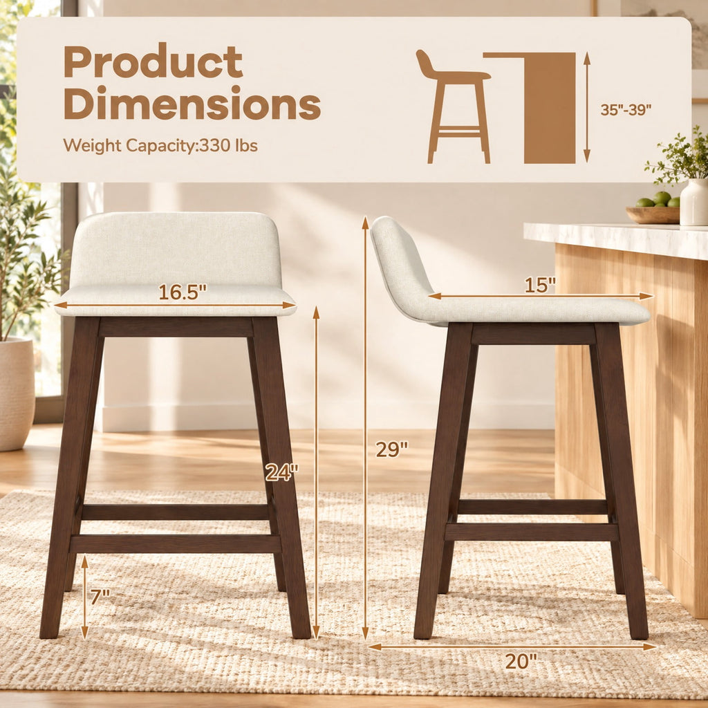 Airfind 24 Inch Counter Height Bar Stools Set of 2 with Low Back, 330 Lbs Capacity, Rubber Wood Faux Linen Sponge Plywood, Brown