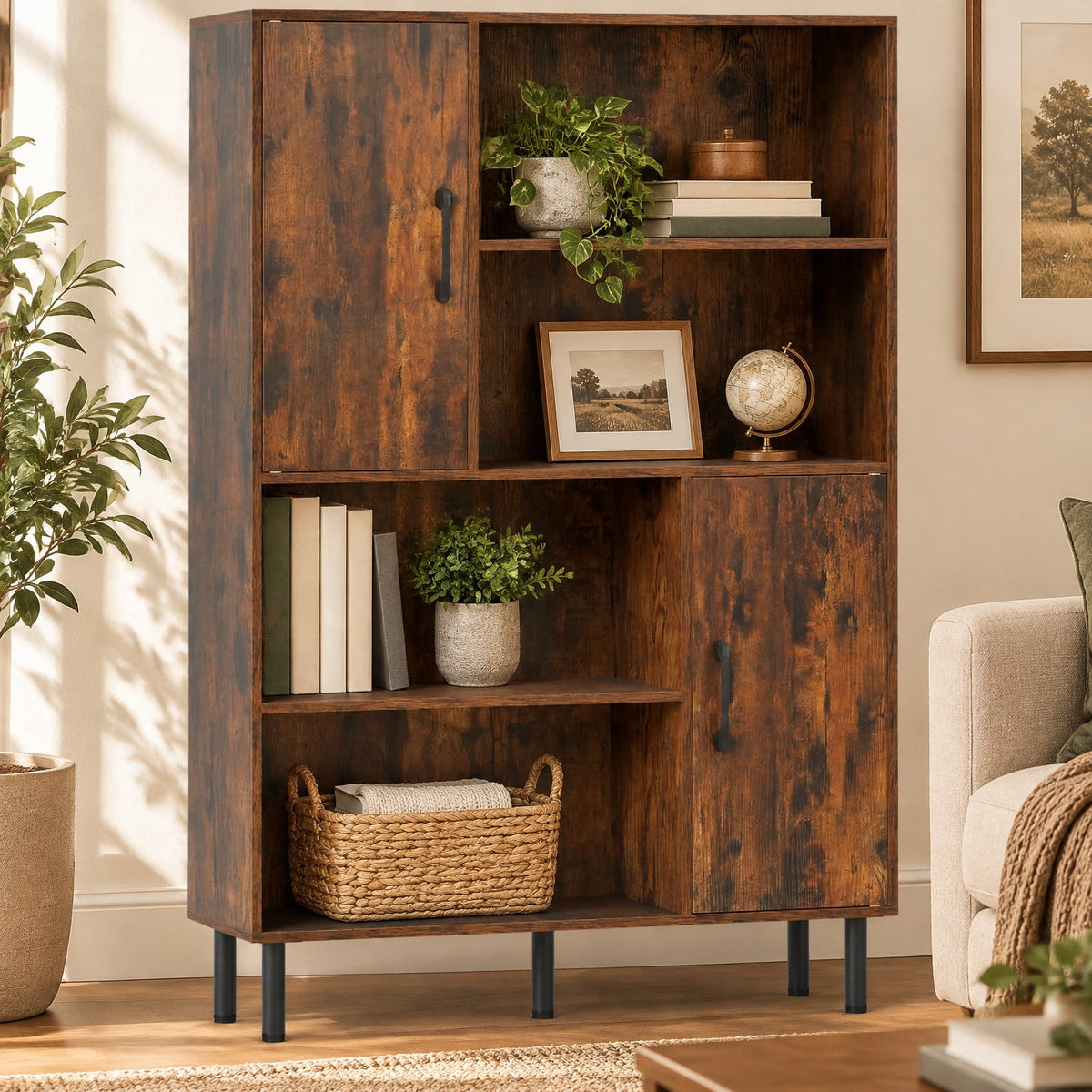 Airfind 47 Inch Storage Cabinet Freestanding Bookcase with 2 Doors and 4 Open Shelves, 176 lbs Capacity, Engineered Wood MDF Metal Frame, Brown