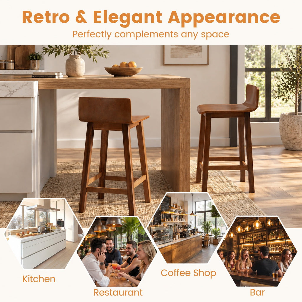 Airfind Wood Bar Stools Set of 2 with Solid Back and Seat, Brown, Ergonomically designed backrest fits your body curve, Brown/Black/White/Walnut