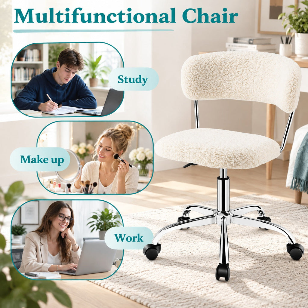 Airfind Computer Desk Chair Adjustable Sherpa Office Chair Swivel Vanity Chair, 330 lbs Capacity, Sherpa plywood sponge steel Frame, White