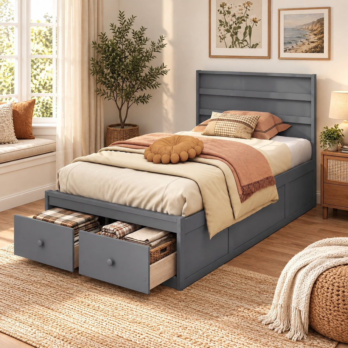 Airfind Twin Size Bed Frame with Storage Drawers and Headboard, 350 lbs Capacity, Solid Wood Plywood Engineered Wood MDF Frame, Gray