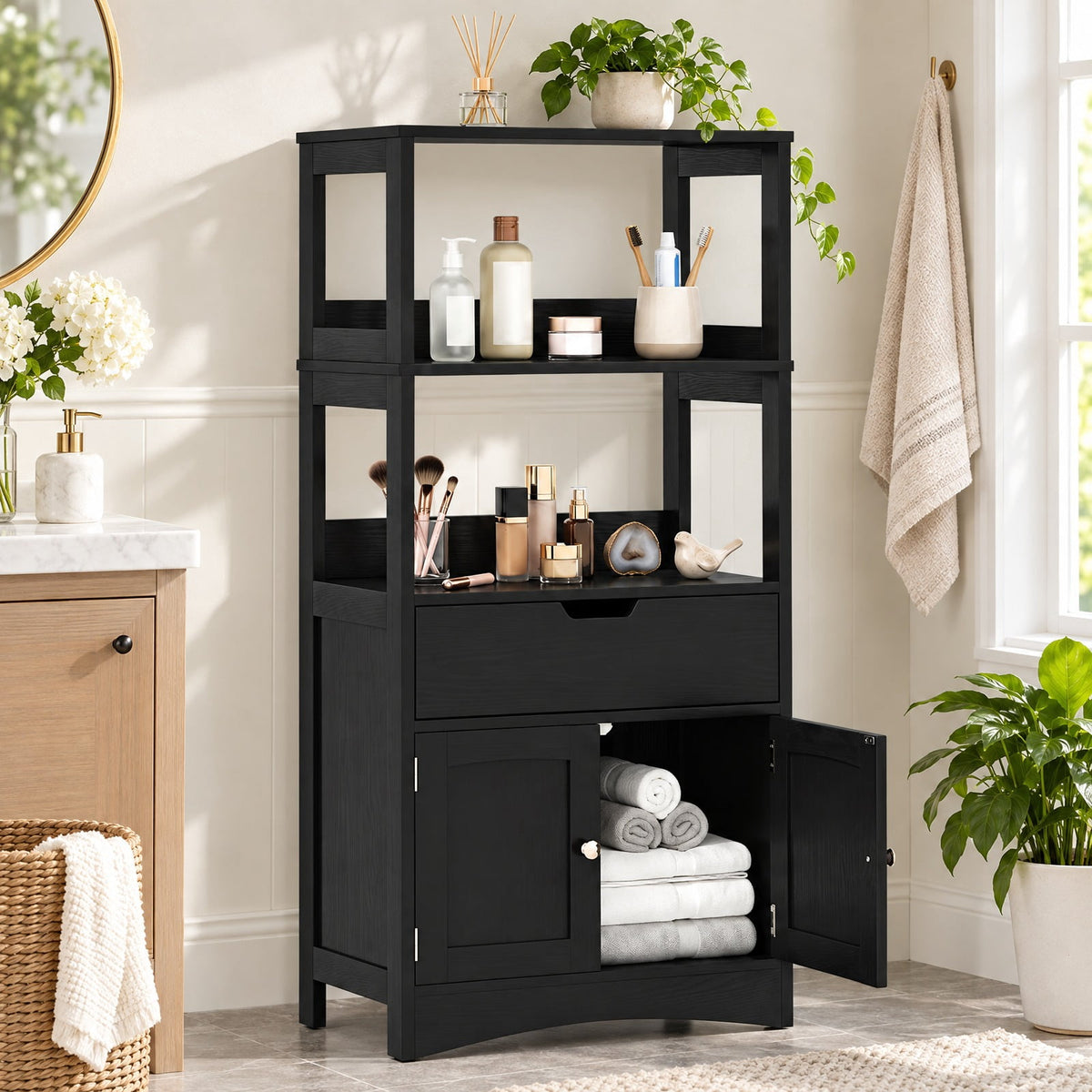 Airfind Bathroom Storage Cabinet with Drawer and Shelf Floor Cabinet, 20 lbs Capacity, MDF PB Frame, Black
