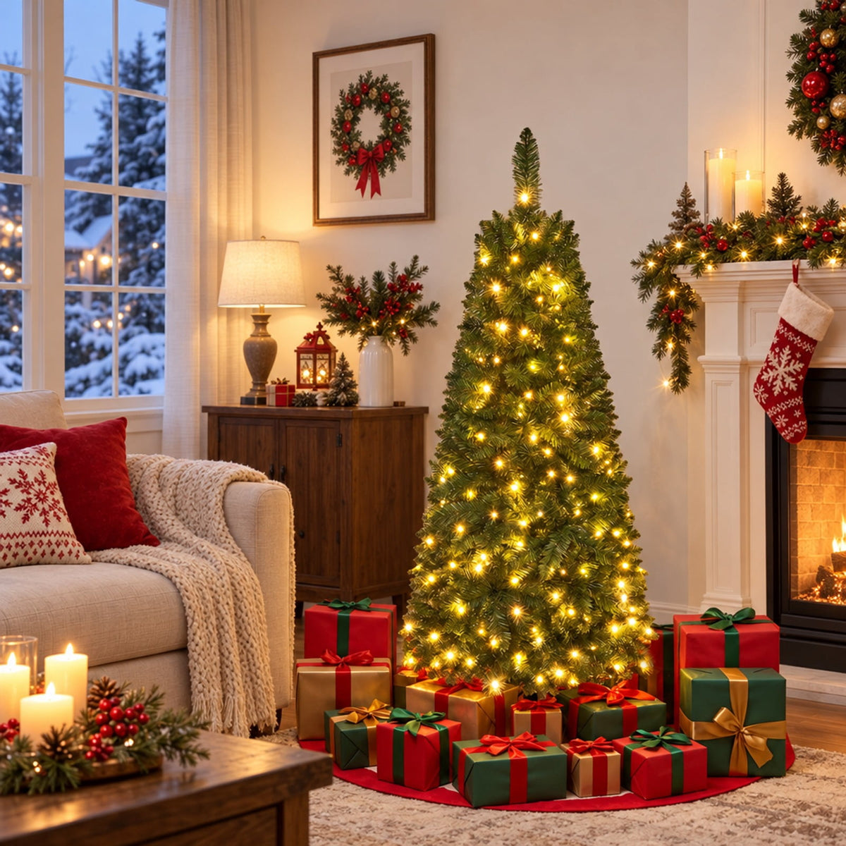 Airfind 4.5 Ft Pre-lit Artificial Christmas Tree, Slim Pencil Fir Tree featuring 150 Warm LED Lights, Hinged Branches and Folding Metal Stand, Green
