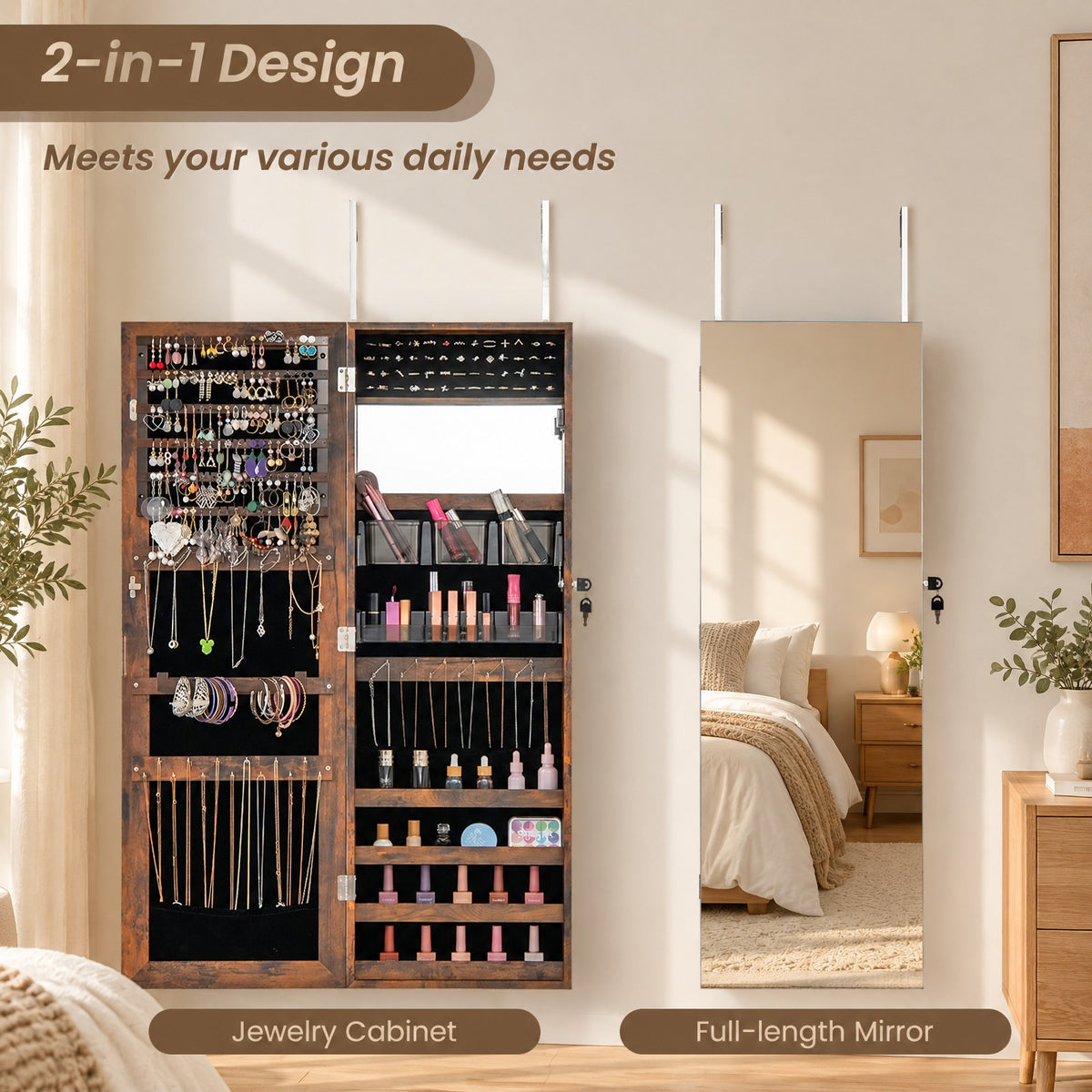 Airfind 43.5 Inch Jewelry Mirror Cabinet with Full-length Mirror and Adjustable Hangers, MDF Frame, Brown