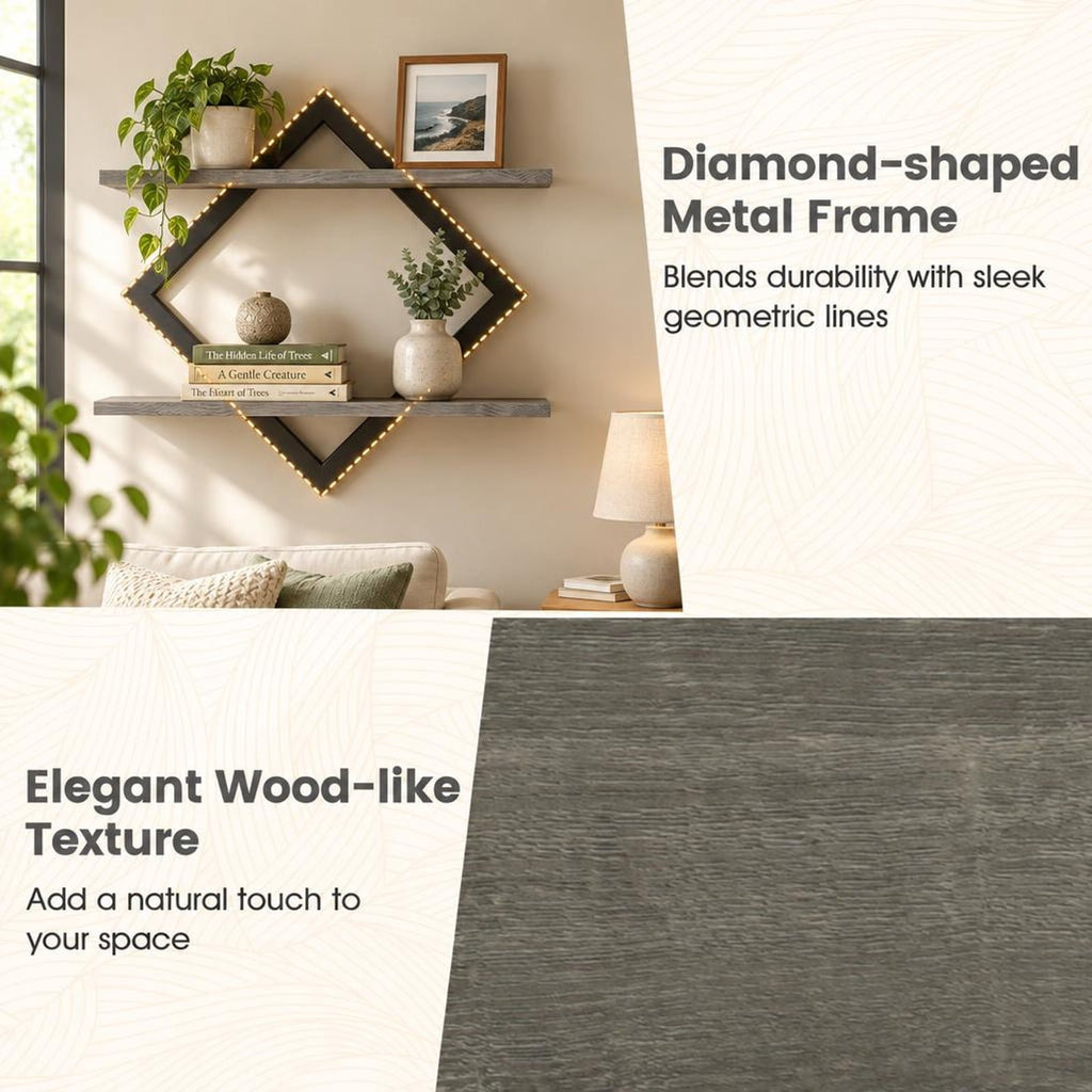 Airfind Set of 2 Metal Floating Shelves for Wall featuring Geometric Frame, Engineered Wood Metal Frame, 15 Inch x 6.5 Inch x 14 Inch Footprint, Gray