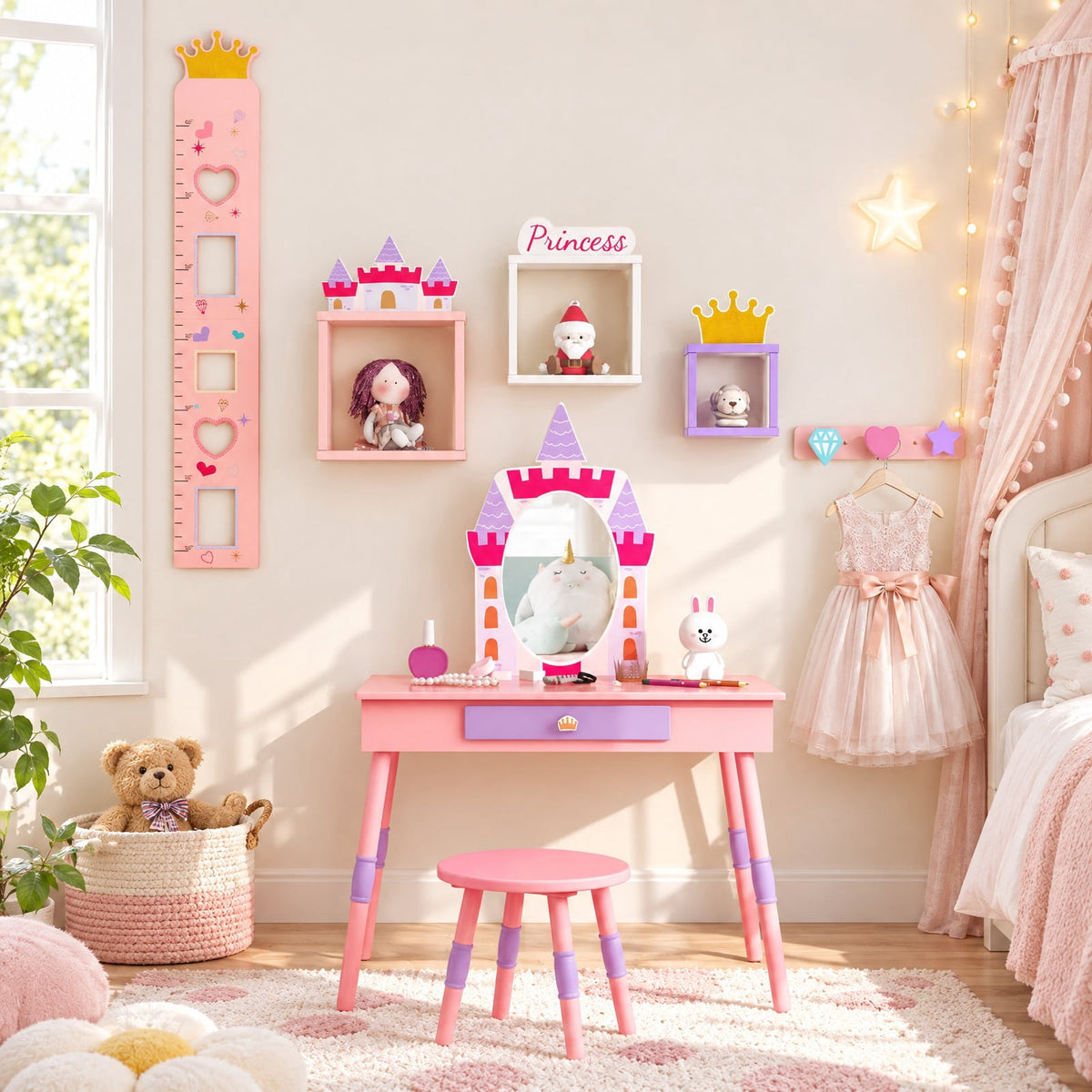 Airfind Kids Princess Vanity Table and Stool Set with Drawer and Mirror, 66 lbs Capacity, MDF Silver Frame, for 3+ Years old, Pink