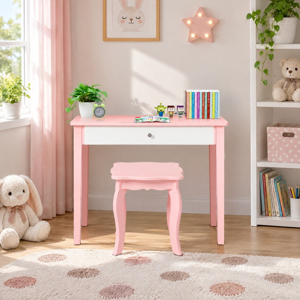 Airfind Kids Princess Make Up Dressing Table with Tri-folding Mirror and Chair, 33 lbs Capacity, MDF Frame, 27.5 x 13.5 x 37.5 Footprint, Pink