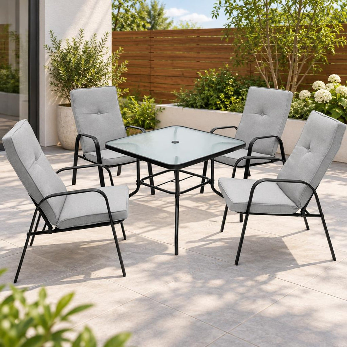 Airfind 35 Inch Patio Dining Square Tempered Glass Table with Umbrella Hole, 200 lbs Capacity, Steel tempered glass Frame, Black