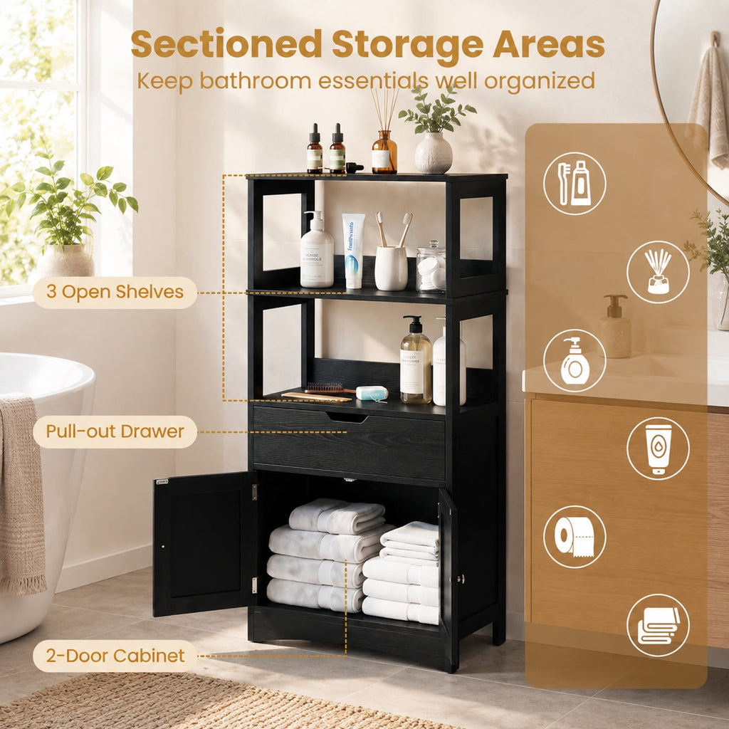 Airfind Bathroom Storage Cabinet with Open Shelves and Drawer, 110 lbs Capacity, Engineered Wood Frame, 24in x 13in x 48in Footprint, Black