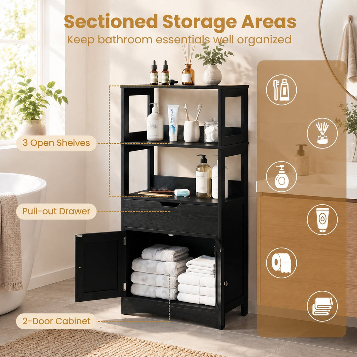 Airfind Bathroom Storage Cabinet with Open Shelves and Drawer, 110 lbs Capacity, Engineered Wood Frame, 24in x 13in x 48in Footprint, Black