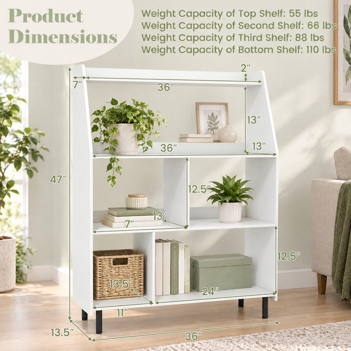 Airfind 4-Tier Open Modern Bookcase with 2 Anti-Tipping Kits, 55 lbs Capacity, Engineered Wood Metal Frame, 36 Inch x 13.5 Inch x 47 Inch Footprint, White