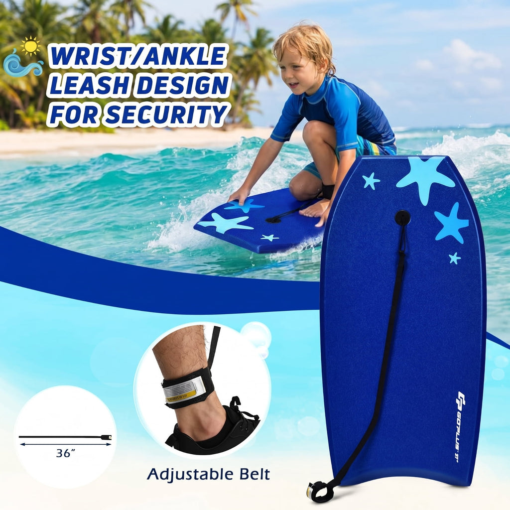 Airfind 33 Inch Portable Travel Bodyboard for Kids ¡ª XPE Deck, EPS Core, HDPE Slick Bottom, Crescent Tail, Wrist Leash (Blue)