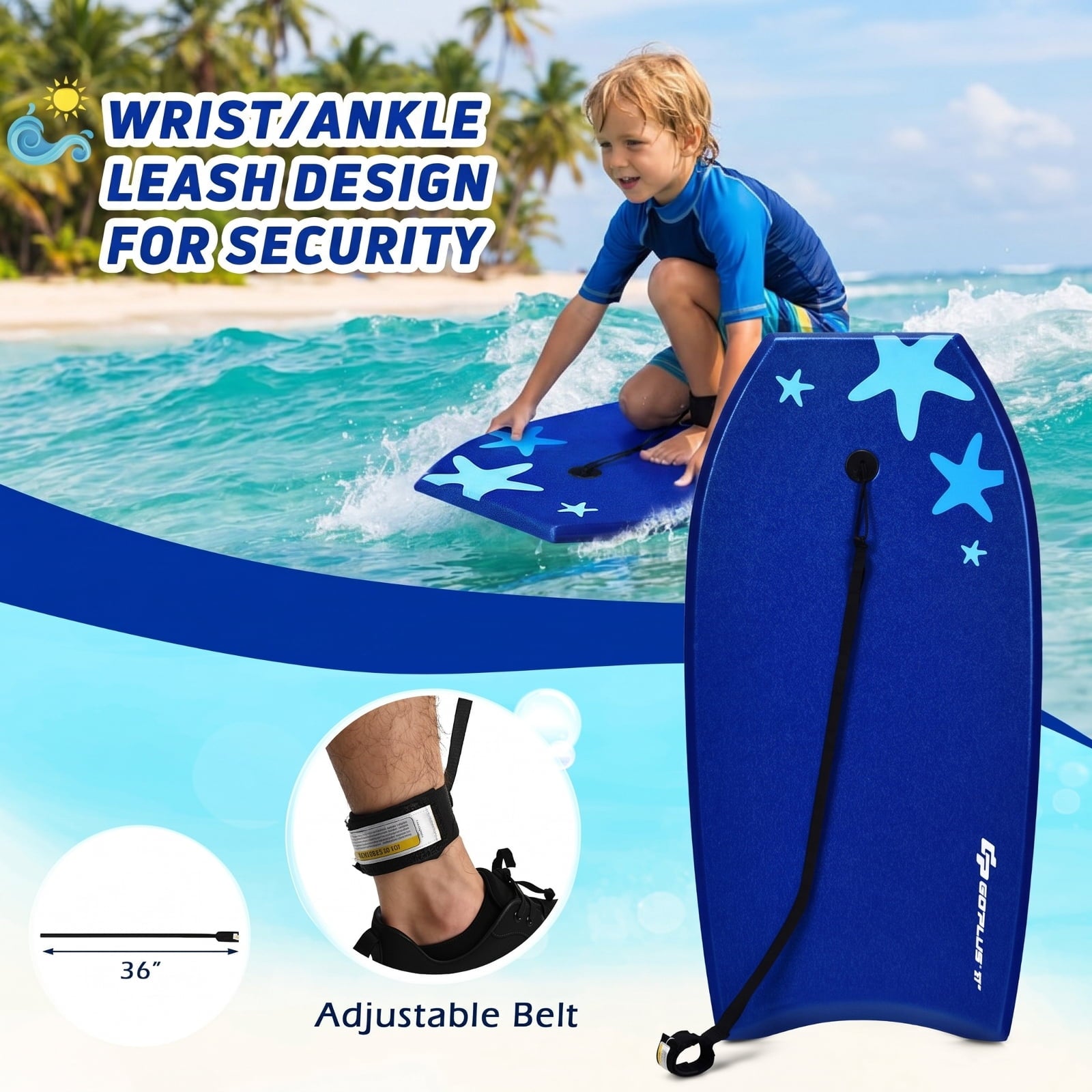 Airfind 33 Inch Portable Travel Bodyboard for Kids ¡ª XPE Deck, EPS Core, HDPE Slick Bottom, Crescent Tail, Wrist Leash (Blue)