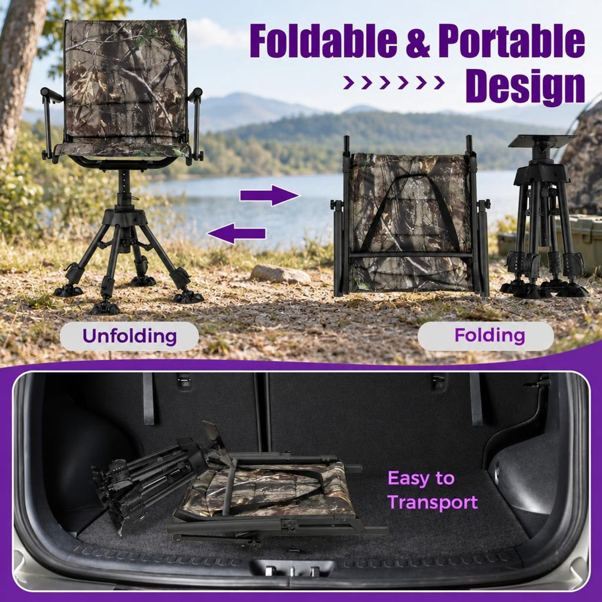 Airfind Folding Swivel Patio Chair with 4 Adjustable Leg, PP Steel Nylon Frame, 21.5 x 21.5 x 33.5-42 Footprint, Camouflage