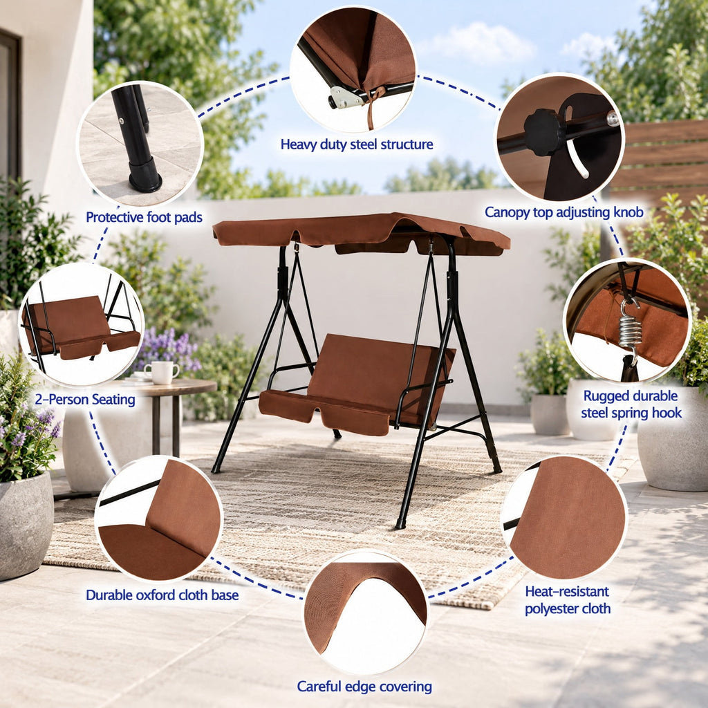 Airfind Loveseat Cushioned Patio Steel Frame Swing Glider, 330 lbs Capacity, Steel pipe Frame, 55.0 Inch x 43.5 Inch x 60.5 Inch Footprint, Brown