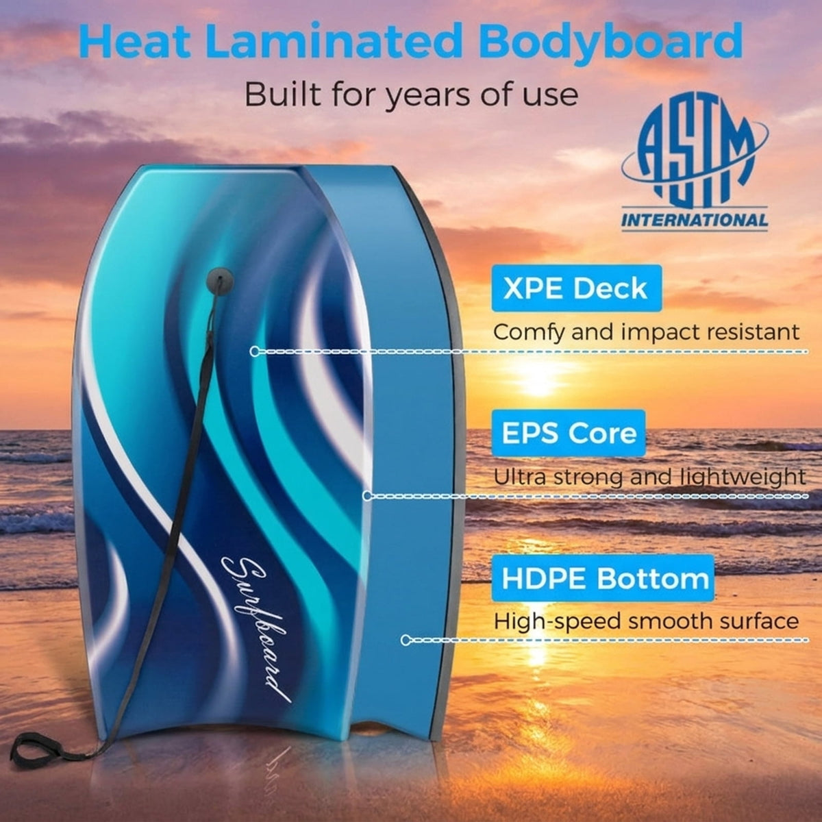 Airfind 33 Boogie Board with Tropical Reef Graphic Deck ¡ª EPS Core, XPE Top, HDPE Slick Bottom, Crescent Tail, Coiled Wrist Leash