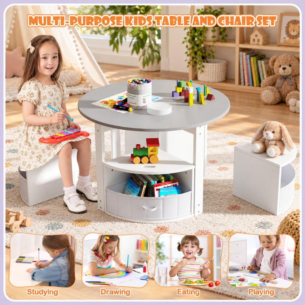 Airfind Youth Round Nesting Table, 5 Piece, with 4 Storage Stools for Activity, 110 lbs Capacity, MDF Frame, for 3+ years old, Gray