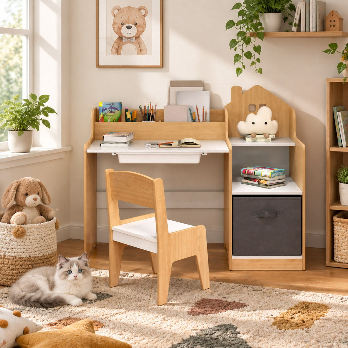 Airfind Kids Study Desk and Chair Set with Open Shelves Drawer and Fabric Storage Bin, 44 lbs Capacity, MDF Non-woven Fabric Desk Frame, Natural