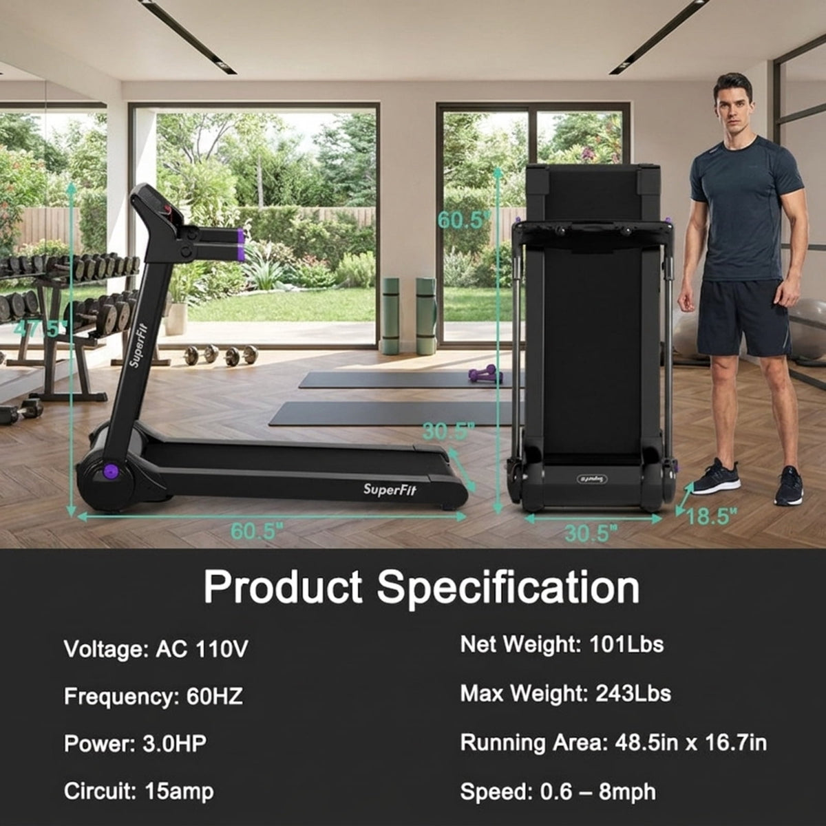 Airfind 3HP Folding Treadmill for Home with Audio Console and Cushioned Deck for Daily Cardio with 242 lb Capacity, Purple