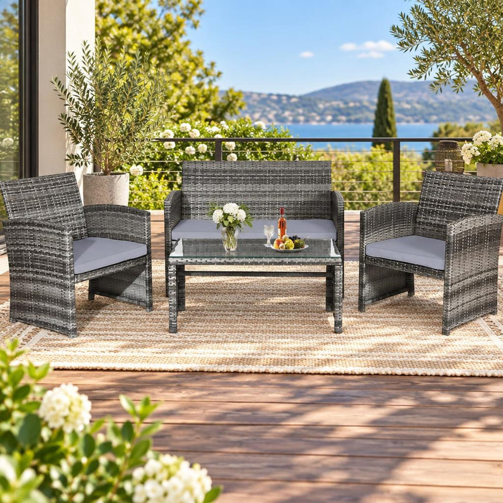 Airfind 4 Pieces Patio Rattan Furniture Set with Glass Table and Loveseat, PE Rattan Polyester Fiber Steel Sponge Single Sofa Frame, Gray
