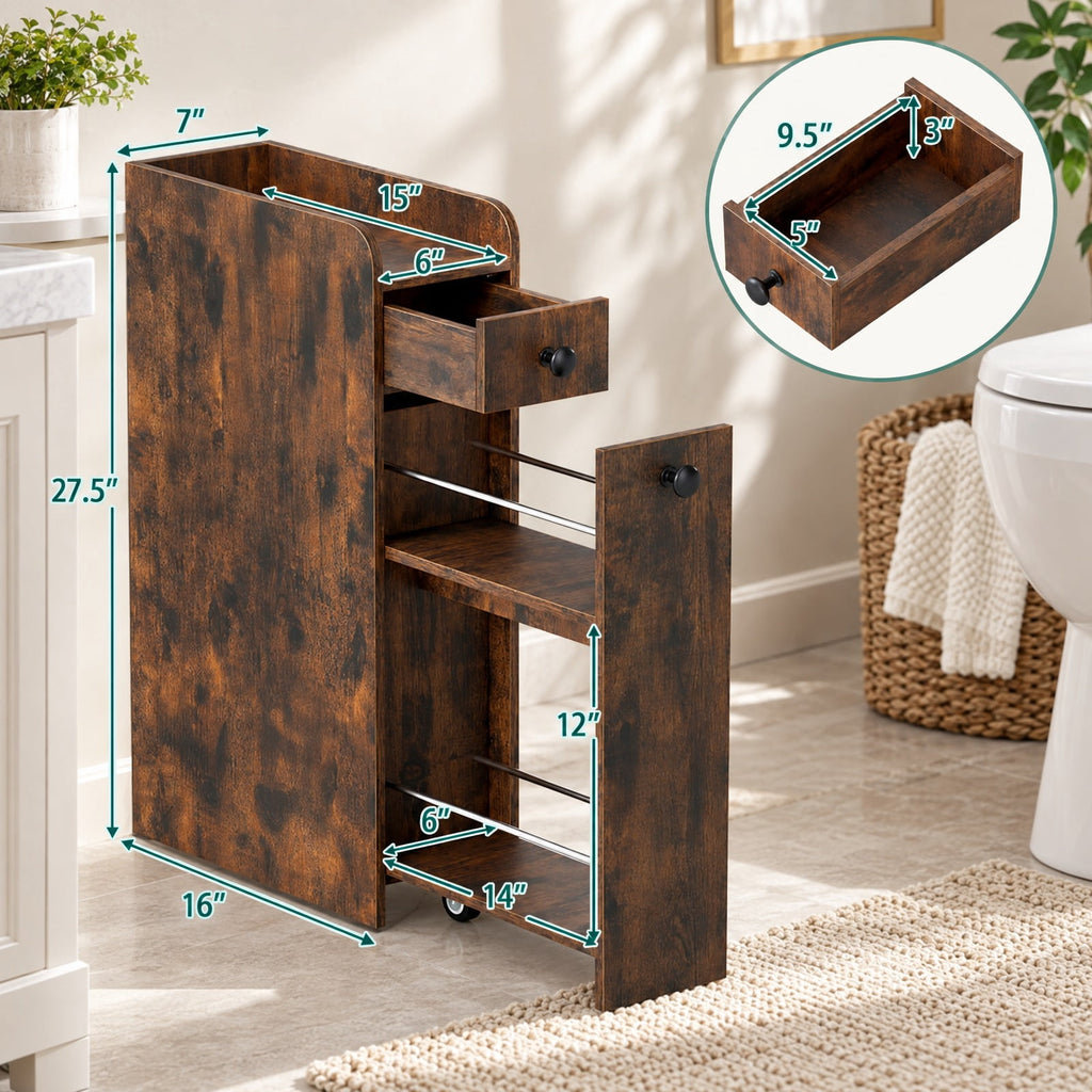 Airfind Bathroom Storage Cabinet, Small, 4-Tier with Slide Out Drawers on Casters, 66 lbs Capacity, MDF Frame, 16 Inch x 7 Inch x 27.5 Inch Drawer, Brown