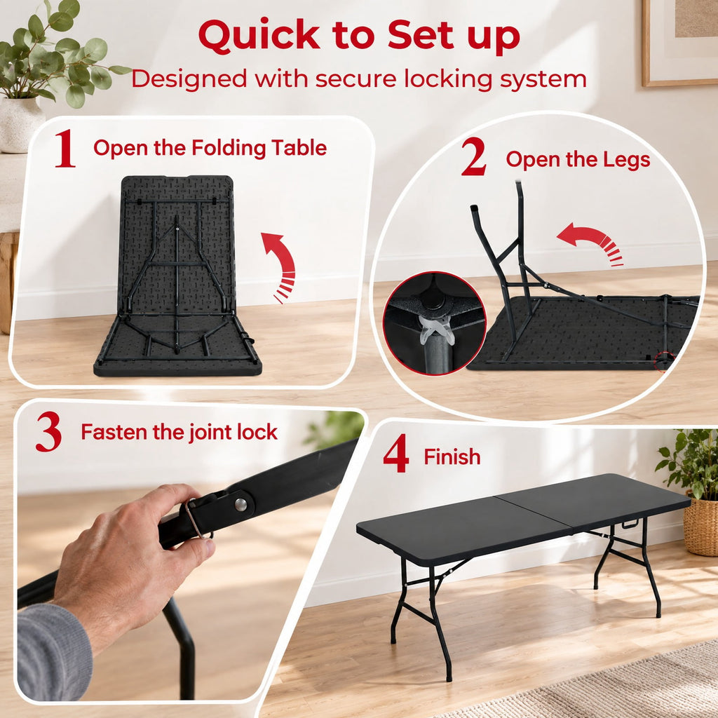 Airfind Portable Folding Camping Table with Carrying Handle, 330 lbs Capacity, HDPE Steel Expanded Frame, 71 x 29 x 29 Footprint, Black