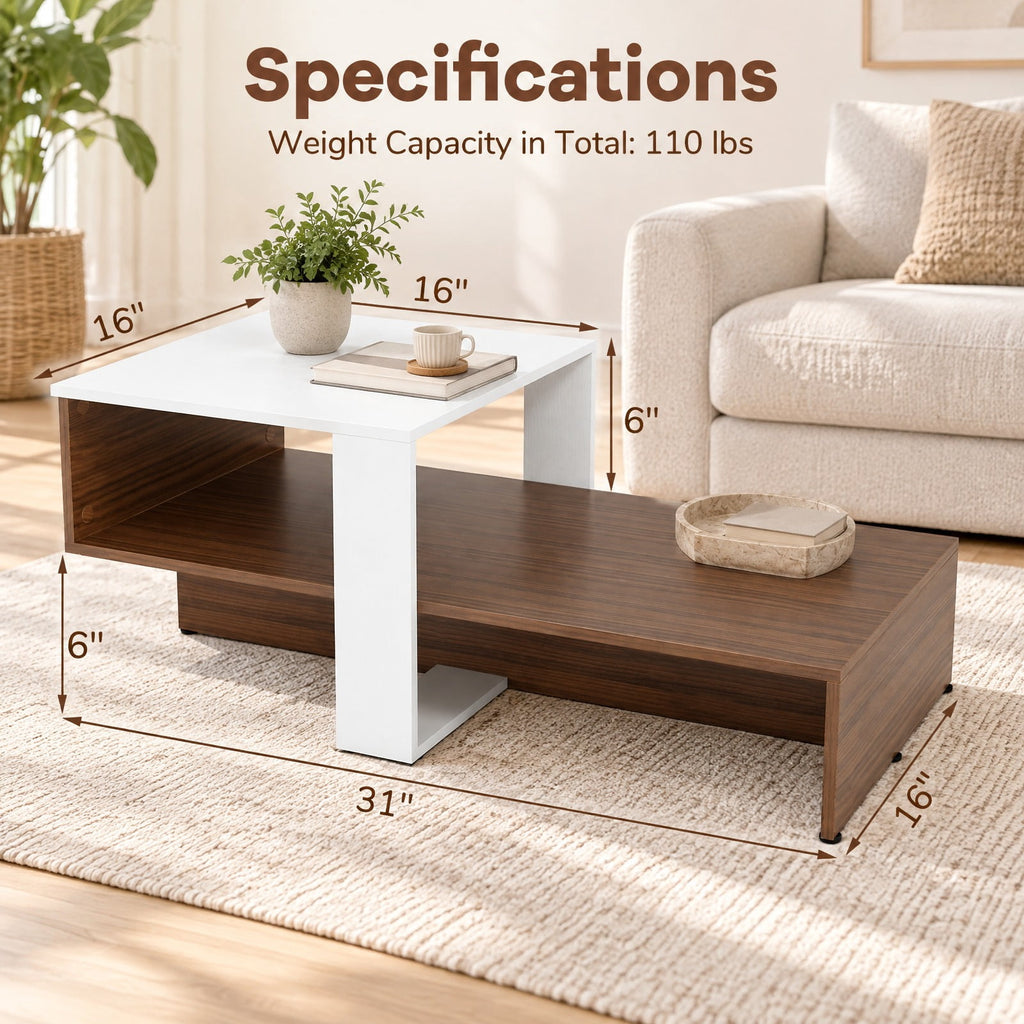 Airfind 2-Tier Geometric Coffee Table with Storage Shelves for Living Room and Reception Room, 110 lbs Capacity, Engineered Wood Frame, White