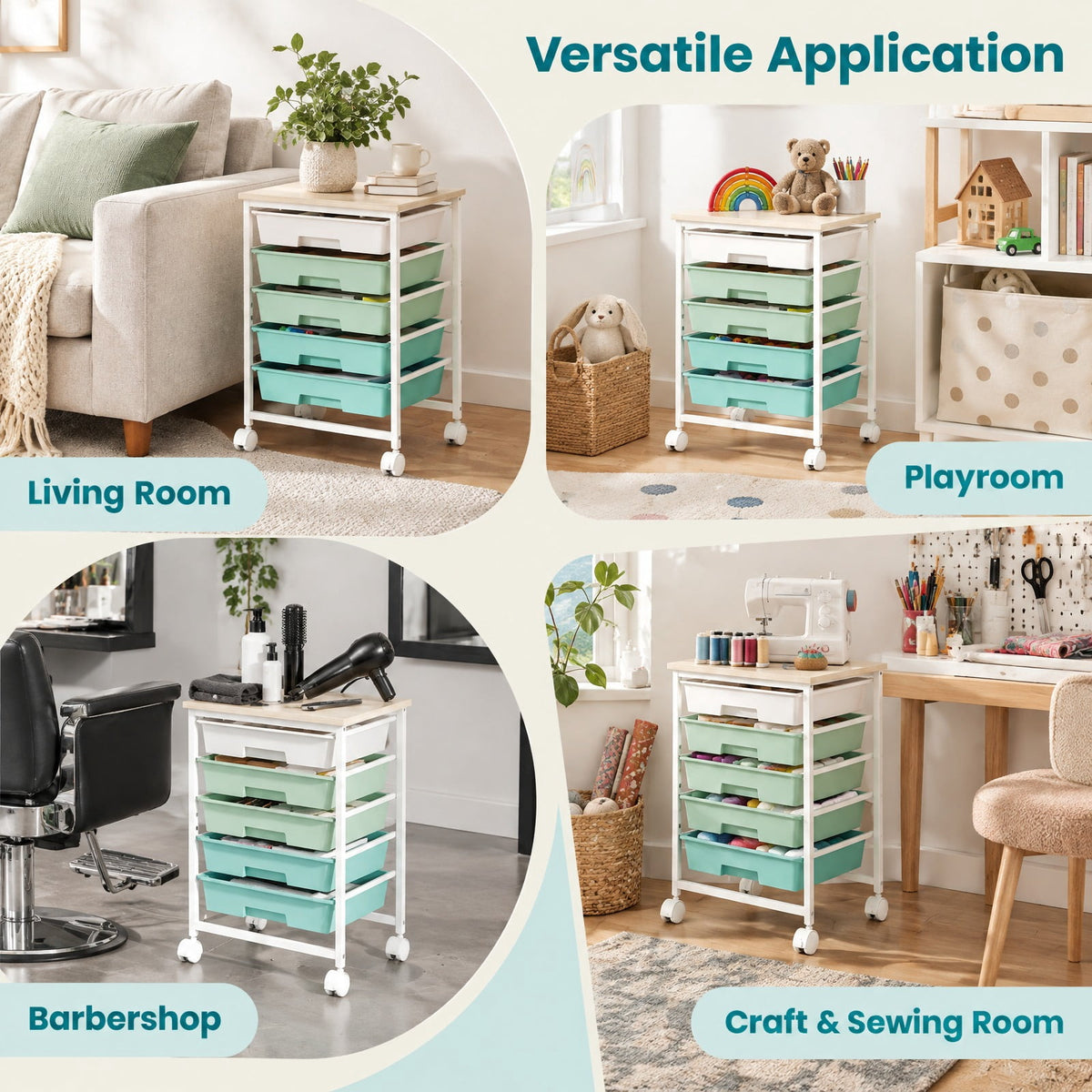 Airfind 5-Drawer Rolling Cart with Wooden Tabletop and Metal for Craft Room, 33 lbs Capacity, Metal PP Engineered Wood, Green