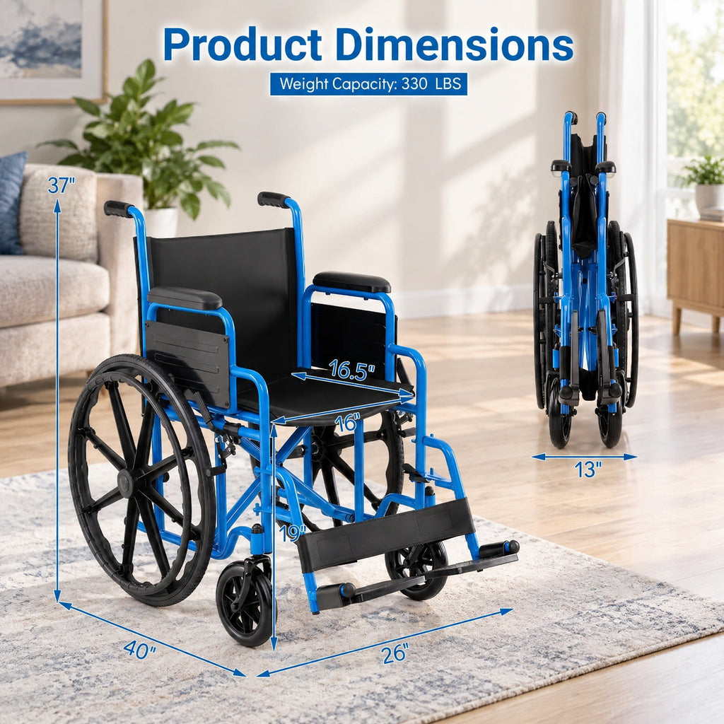 Airfind Lightweight Folding Wheelchair for Adults with Swing-Away Footrest and Desk Arm, 330 lbs Capacity, Metal Faux Leather Nylon Plastic Frame