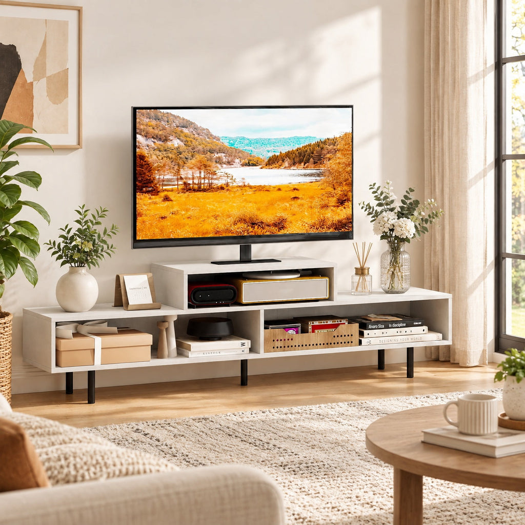Airfind 3 Cubby TV Stand for TVs up to 70 Inch with Open Storage Compartments, 155 Lbs Capacity, Engineered Wood MDF Metal, White