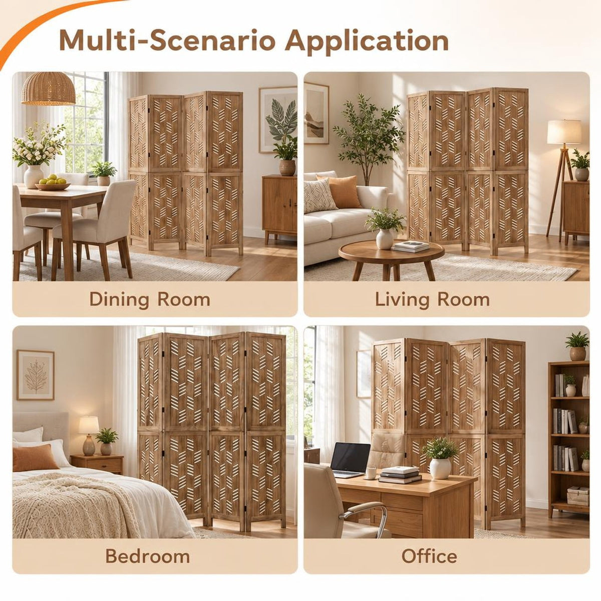 Airfind 5.5 FT Tall Room Divider 4 Panels with Wave Cutout Paulownia Frame for Room, Paulownia Wood Metal Frame, 62 x 67 Footprint, Brown